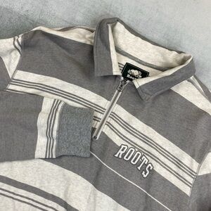 Roots Quarter Zip Sweatshirt Grey Stripe Pullover Mens Large